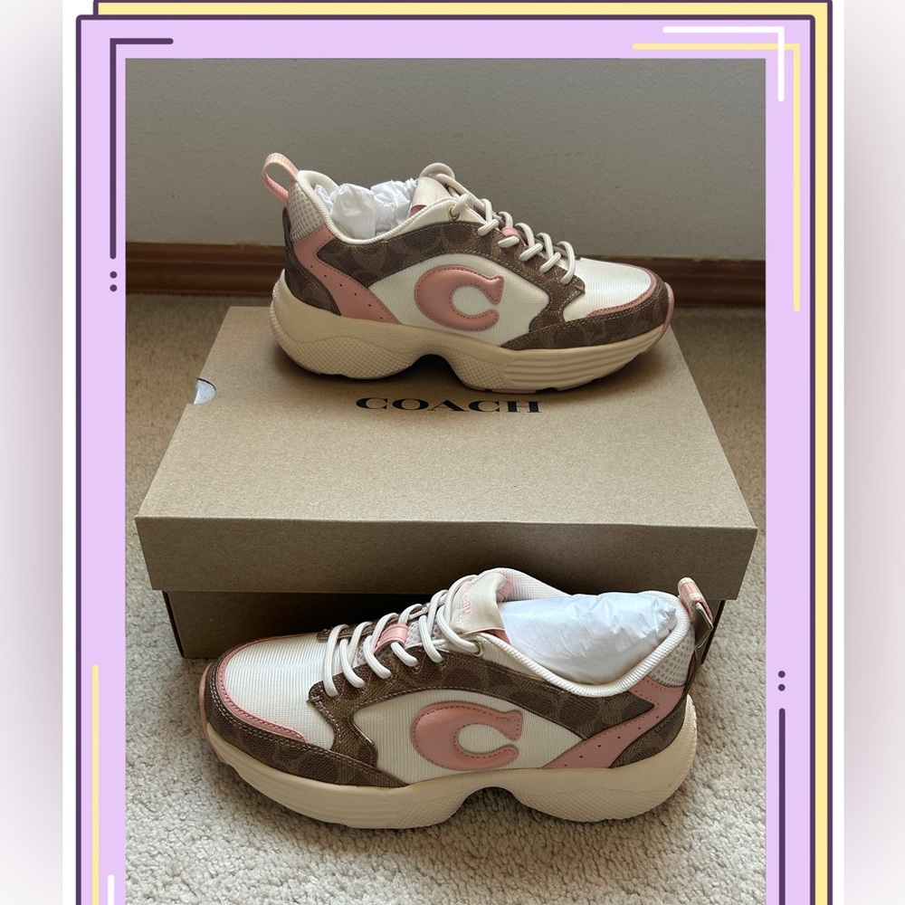 💜SOLD💜Coach Strider Sneaker In Signature Canvas Khaki/Light Pink Size 6B - Picture 1 of 13